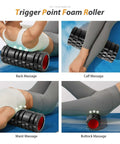 Person using 5 In 1 Deep Tissue Massage Set With Foam Roller, Trigger Point Roller Stick, Massage Ball, Resistance Band And Yoga Stretch Band for back, calf, waist, and buttock massage.