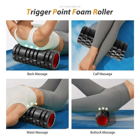 Person using 5 In 1 Deep Tissue Massage Set With Foam Roller, Trigger Point Roller Stick, Massage Ball, Resistance Band And Yoga Stretch Band for back, calf, waist, and buttock massage.