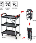 Portable Folding Tool Service Cart On The Go With 150 Lb Capacity, Locking Mechanism, Three Shelf Ergonomic Design, Black Red Finish For Tools And Maintenance, Olympia Tools