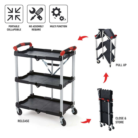 Portable Folding Tool Service Cart On The Go With 150 Lb Capacity, Locking Mechanism, Three Shelf Ergonomic Design, Black Red Finish For Tools And Maintenance, Olympia Tools