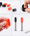 Versatile Round Rubber End Caps Kit With 25 Pieces For One Quarter Inch Three Eighths Inch One Half Inch Five Eighths Inch Three Quarters Inch Inner Diameters In Black Vinyl Screw Thread Protectors Assortment By Uxcell, showing different views of black and red vinyl caps being fitted on screws.