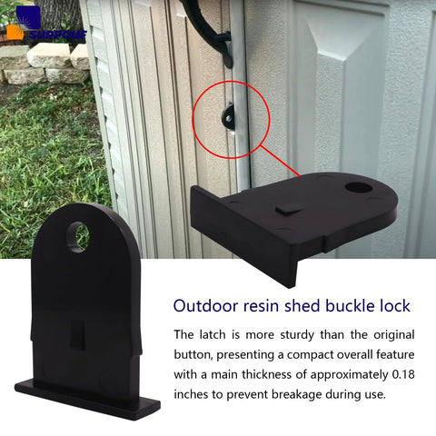 Outdoor Resin Shed Hasp Latch With Upgraded Black Solid Core Plastic for secure Rubbermaid shed doors, shown close-up and installed.