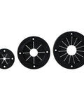 Rigging Grommet 3 Inch Black For Boats And Docks With Rugged Rubber Center And Durable Plastic Ring Protects Lines And Wiring Passing Through Decks And Rails Preventing Snags And Wear For Marina Installations shown in multiple sizes against a white background