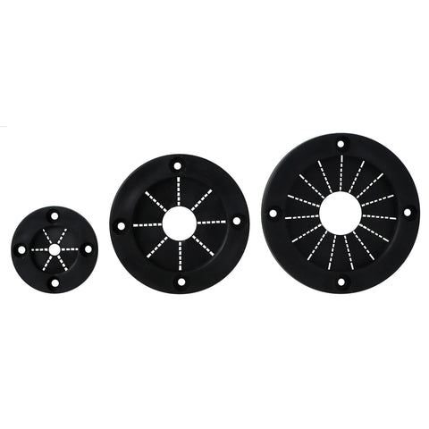 Rigging Grommet 3 Inch Black For Boats And Docks With Rugged Rubber Center And Durable Plastic Ring Protects Lines And Wiring Passing Through Decks And Rails Preventing Snags And Wear For Marina Installations shown in multiple sizes against a white background