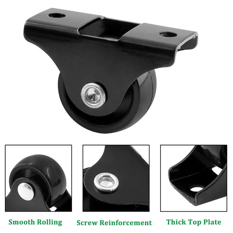 20 Pack 1 Inch Rigid Caster Wheels With Metal Top Plate For Furniture Non Swivel Fixed Casters Black Hard Plastic Durable Quiet