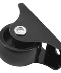 Close-up of a 1-inch rigid caster wheel with metal top plate for furniture, non swivel fixed caster in black hard plastic.