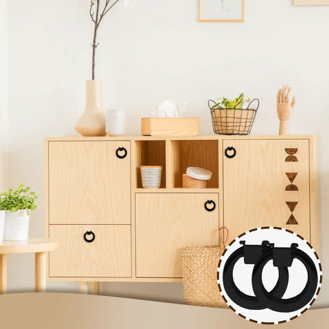 Set Of 2 Black Ring Drawer Pulls For Cabinets And Dressers Metal O Type Handles installed on light wood cabinet doors