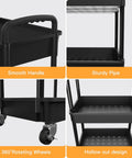 3 Tier Rolling Utility Cart With Drawer On Wheels For Kitchen Bathroom Living Room And Office Must Have Space Saving Multi Functional Storage Organizer Black By REBECAT showing smooth handle, sturdy pipe, 360° rotating wheels, and hollow out design.