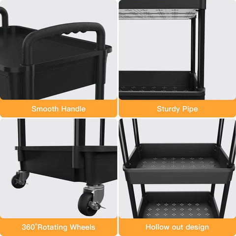 3 Tier Rolling Utility Cart With Drawer On Wheels For Kitchen Bathroom Living Room And Office Must Have Space Saving Multi Functional Storage Organizer Black By REBECAT showing smooth handle, sturdy pipe, 360° rotating wheels, and hollow out design.