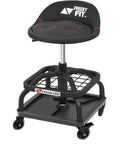 Black rolling shop stool with wheels, garage work mechanic stool with backrest, adjustable height, 360° swivel, tool tray storage.