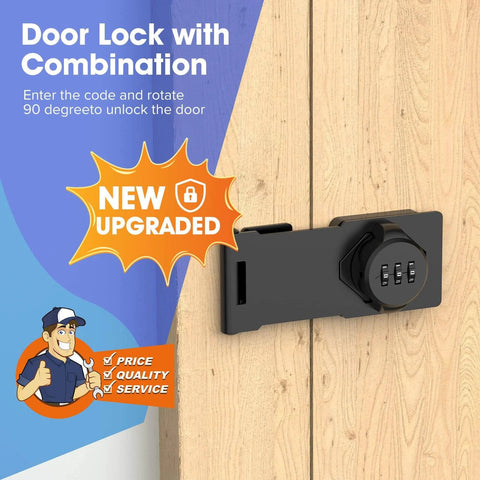 Black Mechanical Password Rotary Hasp Locks on wooden door, showing combination panel and latch for small barn doors and cabinets