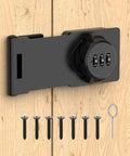 Mechanical Password Rotary Hasp Locks, Cabinet Locks with Combination shown with screws and installation tool on wooden surface