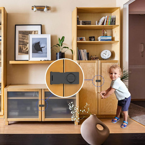 Child near cabinet secured with a Mechanical Password Rotary Hasp Lock, showcasing a combination security latch for cabinets.