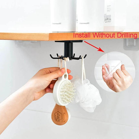 2pcs Under Cabinet Kitchen Utensil Rack,360° Rotating Under Shelf Kitchen Utility Hooks,Adhesive install, holds brushes