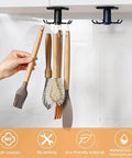 2pcs Under Cabinet Kitchen Utensil Rack,360° Rotating Under Shelf Kitchen Utility Hooks,Adhesive Kitchen Utensil Tools Storage Holder,Black installed with hanging utensils
