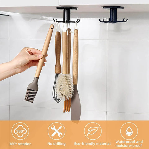 2pcs Under Cabinet Kitchen Utensil Rack,360° Rotating Under Shelf Kitchen Utility Hooks,Adhesive Kitchen Utensil Tools Storage Holder,Black installed with hanging utensils