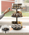 Rotating Spice Rack Lazy Susan With 360 Degree Turntable And Large Capacity Three Tier Vertical Storage Organizer in use on kitchen counter