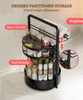 Black 2-tier rotating spice rack with paper towel holder featuring various spice bottles, napkins, and adjustable height for countertops.