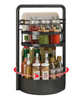 Rotating Spice Rack With Paper Towel Holder 2 Tier Lazy Susan Turntable For Kitchen Countertop or Cabinet, Black Finish, with spices and bottles
