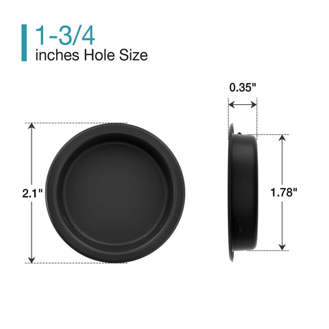 2 Inch Round Closet Door Finger Pulls 4 Pack In Black with dimensions and side view. Matte black finish for cabinet, pocket, sliding doors.