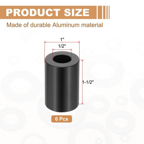 Six Pack Aluminum Spacers One Half Inch Thick One Inch Outer Diameter One and a Half Inch Long Round Unthreaded Standoff for Five Sixteenth Inch Bolts Black