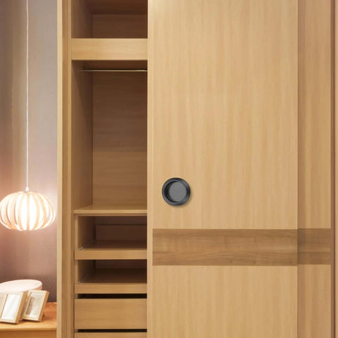 Round Glass Shower Door Handles Back-To-Back In 304 Stainless Steel Black, Installed on Wooden Sliding Door