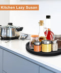 Round Wooden Bathroom Tray With 360 Degree Silent Rotation Lazy Susan Turntable on kitchen countertop with spices and jars