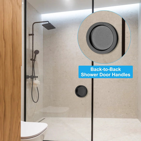 2 Pack Round Shower Glass Sliding Door Handles With Adhesive Sticker Back To Back 0.2 Inch Aluminum Alloy Mounts Black Finish 50 X 38 Mm