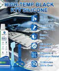 High Temperature Black Gasket Maker Sealant For Automotive, Marine And Industrial Uses, Oil Resistant And Waterproof RTV Silicone Sealant That Binds Tight And Tough As Nails In A 100g 3.5oz Tube with engine background.