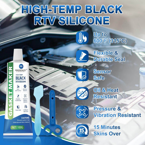 High Temperature Black Gasket Maker Sealant For Automotive, Marine And Industrial Uses, Oil Resistant And Waterproof RTV Silicone Sealant That Binds Tight And Tough As Nails In A 100g 3.5oz Tube with engine background.