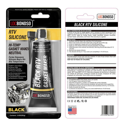 Black RTV Silicone Sealant Gasket Maker For Automotive, High Temp Up To 600F, Oil Resistant And Sensor Safe, 3 oz tube packaging