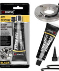 Black RTV Silicone Sealant Gasket Maker for Automotive in 3 oz tube, packaging and application on engine part
