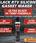 Low-Volatile RTV Silicone Gasket Maker For Automotive, Instant Leak-Proof Sealant, 8 oz can, black RTV shown with key features listed.