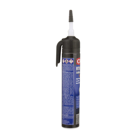 Side view of a 6.5 ounce tube of RTV Silicone Sealant Black For High Pressure Gasket Sealing, All Purpose Sealant For Auto, Marine And Industrial Applications, Weatherproof And Flexible Bond That Stops Leaks.