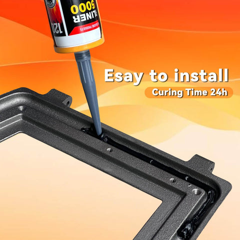 Wood Stove Door Gasket Cement With High Temp Silicone Sealant RTV Rated Adhesive Built Tough To 850F Black Non Toxic Low VOC Heat Resistant Silicone Glue 310ml being applied to a stove door frame.
