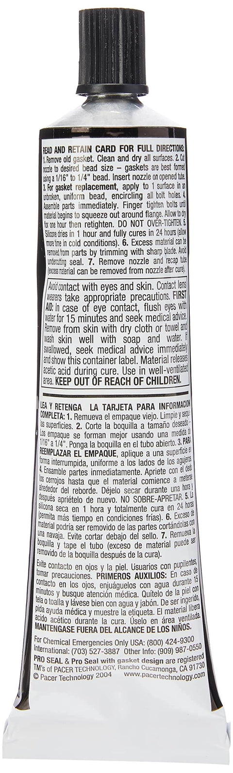Back view of RTV Silicone Sealant For Metal Surfaces, 3 Oz Tube, Black, showing safety instructions.