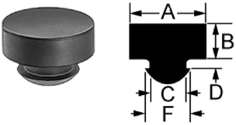 Diagram and side view of Eight Pack One Inch Push In Rubber Bumpers Feet Black SBR Abrasion Resistant Indoor Use Temperature Range Minus Thirty