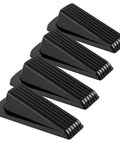 4 Pack Door Stoppers, Rubber for Bottom of Door, sturdy black wedge design, stackable, used on floors to prevent door slamming.