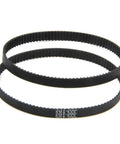 Two black timing belts, size 2GT-200, for machinery or 3D printers on a white background, closely positioned.