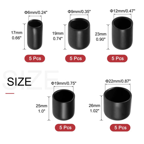 25pcs Round Rubber End Caps Protective Caps 1/4" 3/8" 1/2" 3/4" 7/8" Black Vinyl Cover Screw Thread Protectors Assortment