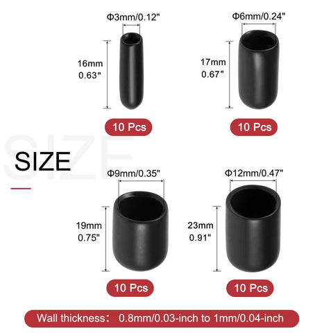 40pcs Round Rubber End Caps 1/8" 1/4" 3/8" 1/2" Black Vinyl Cover Screw Thread Protectors Assortment Kit sizes