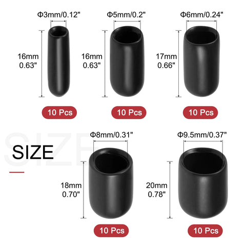 Assorted sizes of 50pcs Round Rubber End Caps 1/8" 3/16" 1/4" 5/16" 3/8" Black Vinyl Cover Screw Thread Protectors Assortment Kit