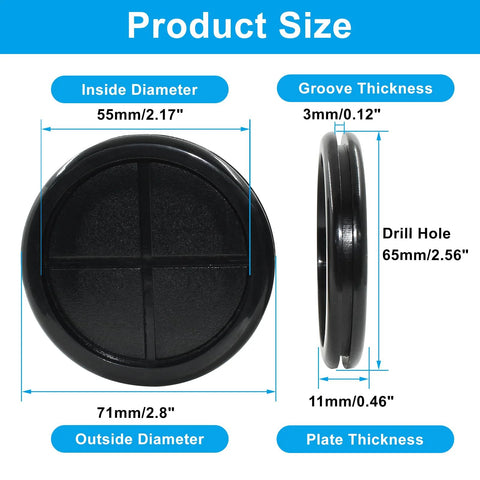 Front and side view of 2-1/8 Inch Inner Diameter Rubber Grommets For Wiring And Routing 2-1/2 Inch Drill Hole Dia 6 Pack Double Sided Rubber Plugs