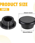 10 Pack 1 Inch Black Rubber Hole Plugs Silicone Round Grommets for Wiring showing size dimensions and shape in front and side view.