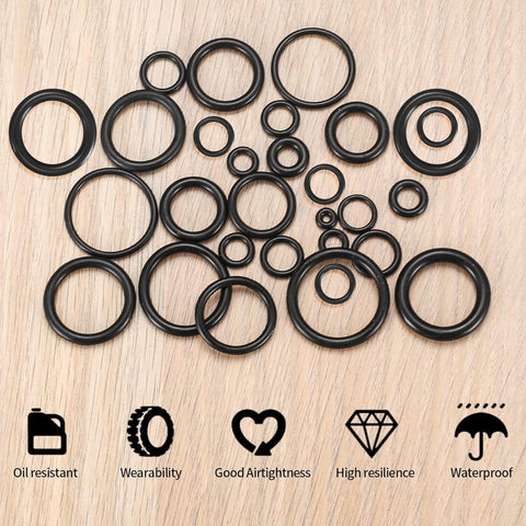 Assorted black rubber O-rings from 360 Pcs O Ring And Washer All In One Set With 24 Sizes In Black Rubber Seals For Pressure Washers.