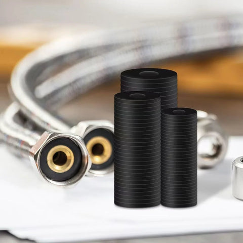 120Pcs Flat Rubber Washers Set 5 Sizes 16 18 20 25 30mm Black Sealing Washers shown with plumbing hoses