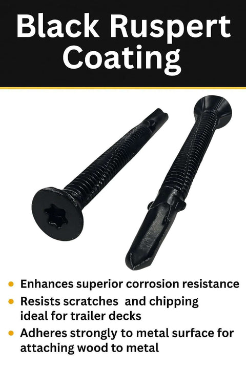 Heavy Duty Wood To Metal Self Drilling Tek Screws With Torx T27 Star Drive For Flatbeds Trailers Decks And Secure Wood To Steel Pack Of Three Hundred BCP1249 By BCP Fasteners, black Ruspert coating, side view.