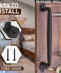 12 Inch Round Rustic Barn Door Handle Black Steel Pull installed on wooden door with screws, easy to install for indoor outdoor use