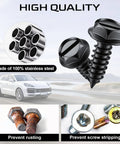 LivTee Rustproof License Plate Screws, 2 black zinc plated stainless steel bolts with rust prevention features displayed with car and tools.