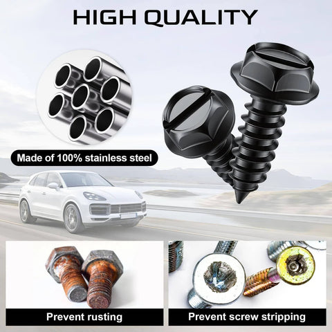 LivTee Rustproof License Plate Screws, 2 black zinc plated stainless steel bolts with rust prevention features displayed with car and tools.